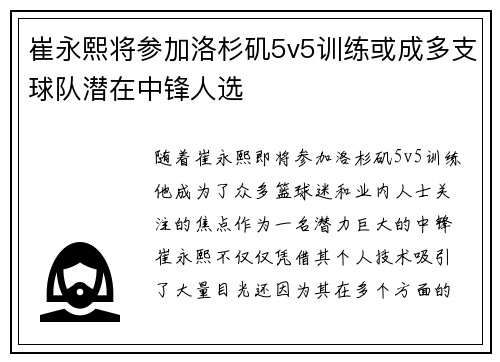 崔永熙将参加洛杉矶5v5训练或成多支球队潜在中锋人选