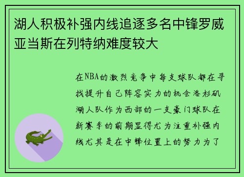 湖人积极补强内线追逐多名中锋罗威亚当斯在列特纳难度较大
